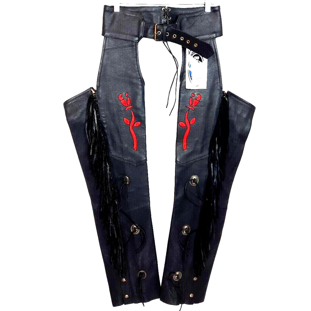 Vintage River Red Road Rose Fringe Leather Chaps Small Black Western Rockabilly